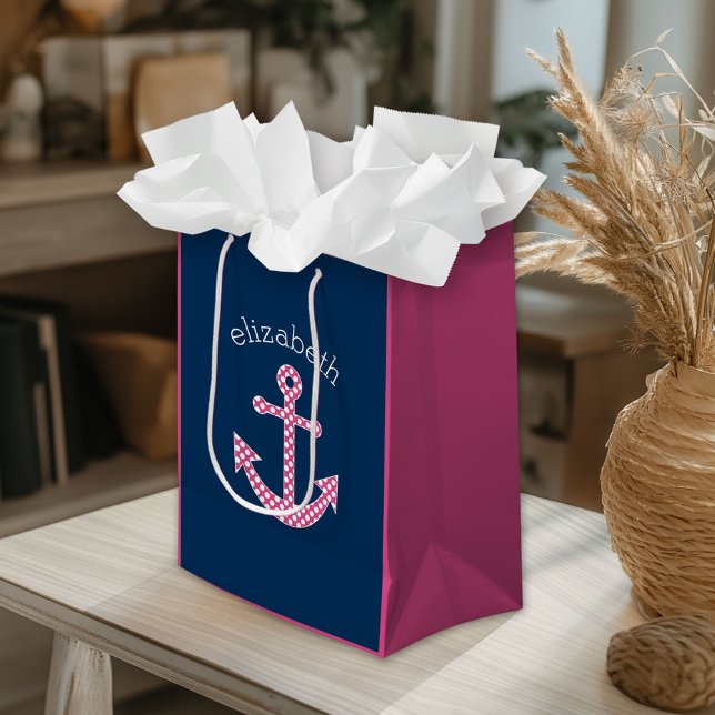 Cute Rosa Polka-punktfästpunkt med eget namn i flo (Custom Gift Bag)