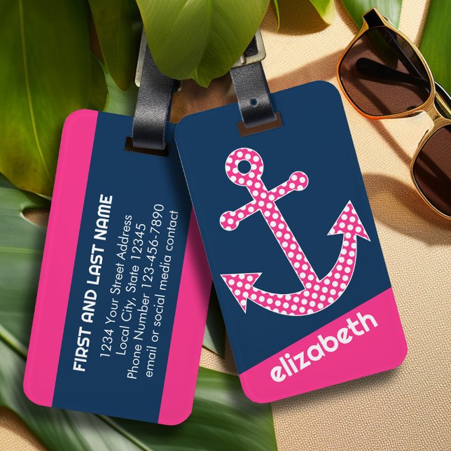 Cute Rosa Polka-punktfästpunkt med eget namn i flo Bagagebricka (Personalized Luggage Tag)