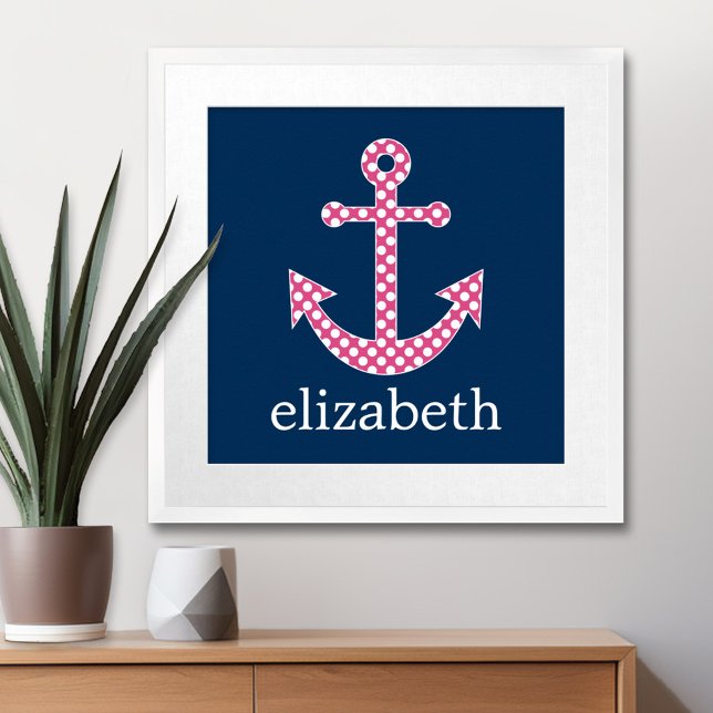 Cute Rosa Polka-punktfästpunkt med eget namn i flo Poster (Nautical Anchor Poster with Custom Name)