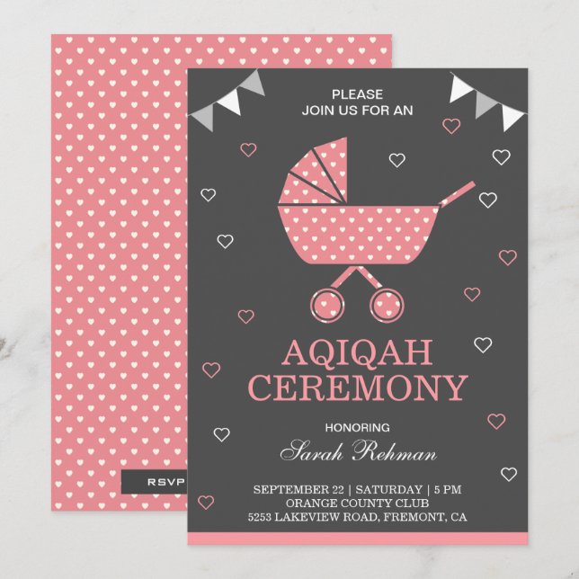 Cute Rosa Pram Flicka Aqiqah Inbjudningar (Fram/baksida)