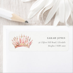 Cute Rosa Princess Krona Tiara Blommigt Adress Returadress Etikett