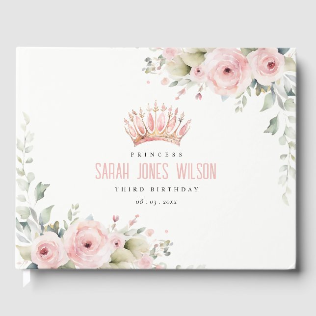 Cute Rosa Princess Krona Tiara Blommigt Birthday Gästböcker (Framsida)