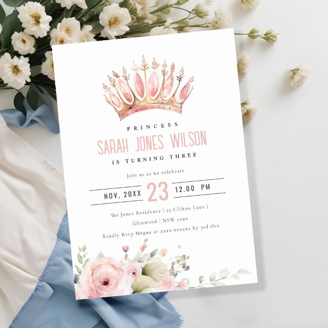 Cute Rosa Princess Krona Tiara Blommigt Birthday Inbjudningar (Skapare uppladdad)