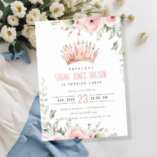 Cute Rosa Princess Krona Tiara Blommigt Birthday Inbjudningar