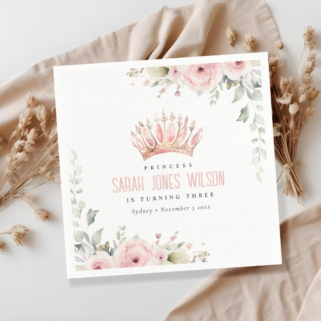 Cute Rosa Princess Krona Tiara Blommigt Birthday Pappersservett (Skapare uppladdad)