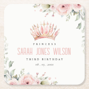 Cute Rosa Princess Krona Tiara Blommigt Birthday Underlägg Papper Kvadrat