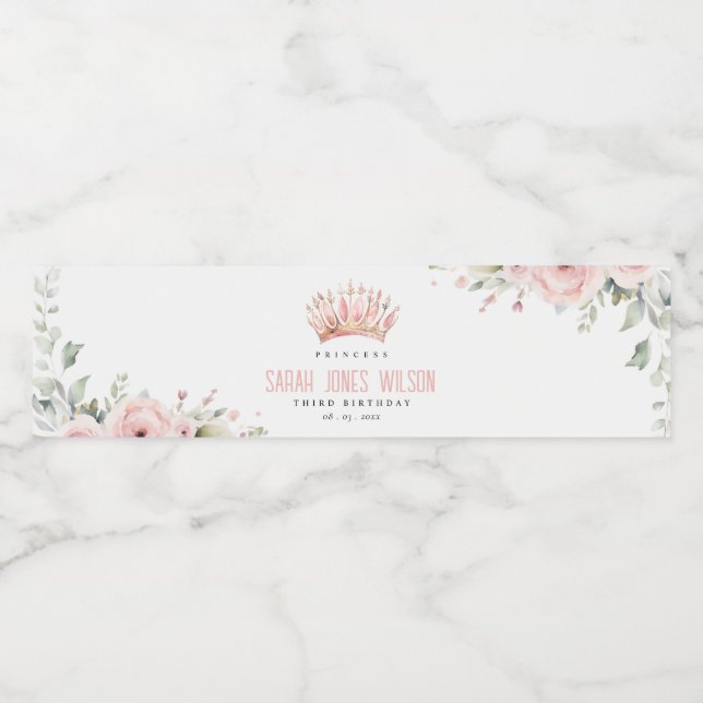 Cute Rosa Princess Krona Tiara Blommigt Birthday Vattenflaskor Etikett (Singel etikett)