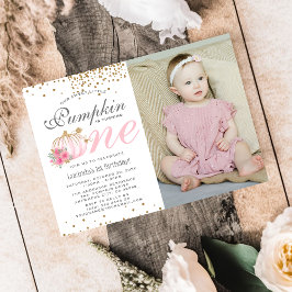 Cute Rosa Pumpkin Blommigt 1:a födelsedagen Photo  Inbjudningar
