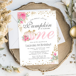 Cute Rosa Pumpkin Blommigt 1:a födelsedagsinbjudan Inbjudningar