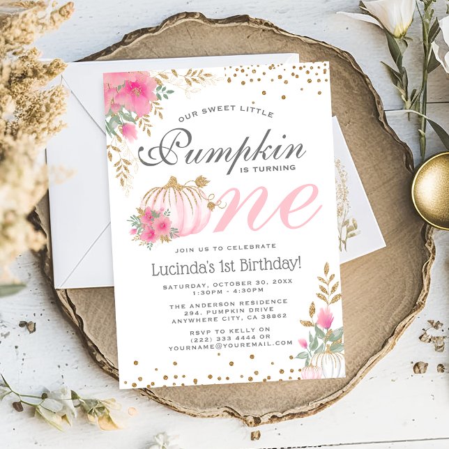 Cute Rosa Pumpkin Blommigt 1:a födelsedagsinbjudan Inbjudningar (Skapare uppladdad)
