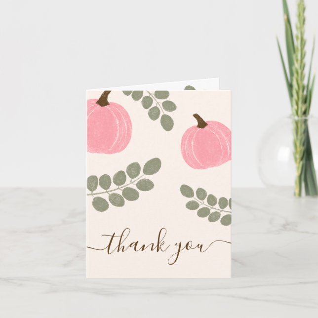 Cute Rosa Pumpkin Eucalyptus Fall Girl Baby Shower Tack Kort (Framsida)