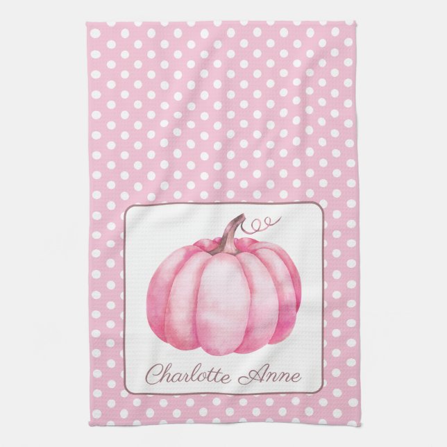 Cute Rosa Pumpkin på Polka dots Personlig Kökshandduk (Vertikal)