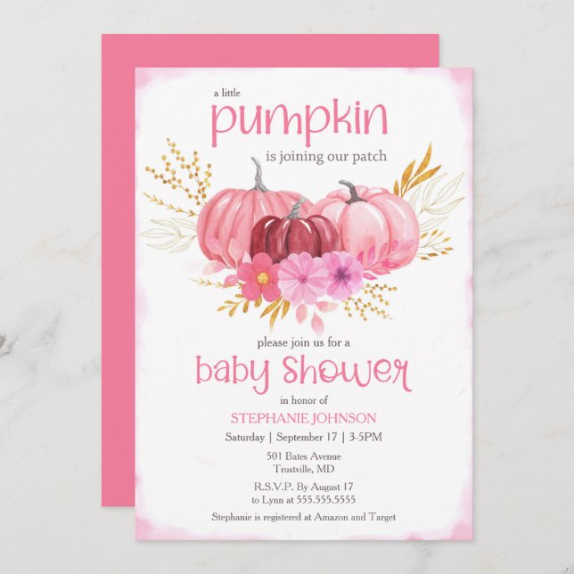 Cute Rosa Pumpkin Patch Watercolor Baby Shower in Inbjudningar (Fram/baksida)