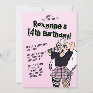 Cute Rosa Punk Tecknad Tonåring 14:e födelsedagen Inbjudningar