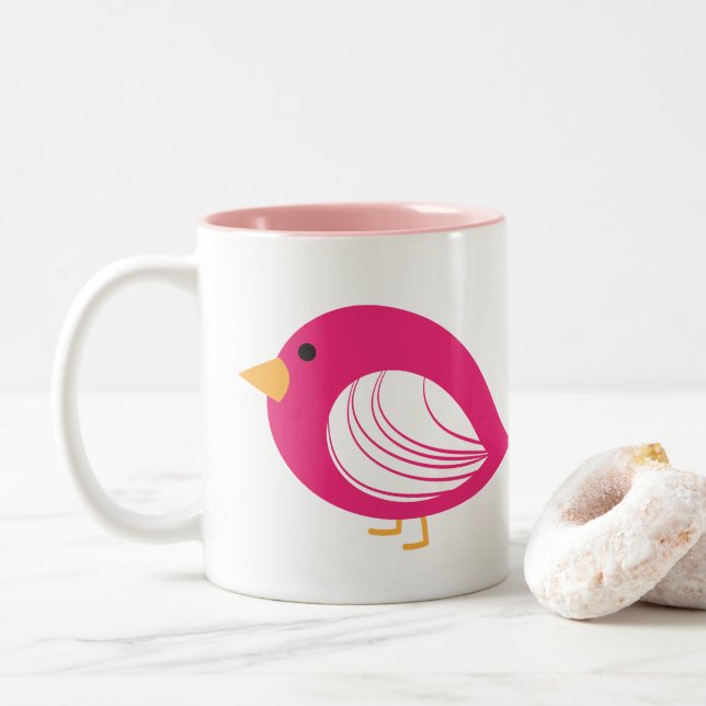 Cute rosa quirky bird Two-Tone kaffe mugg (Med munk)