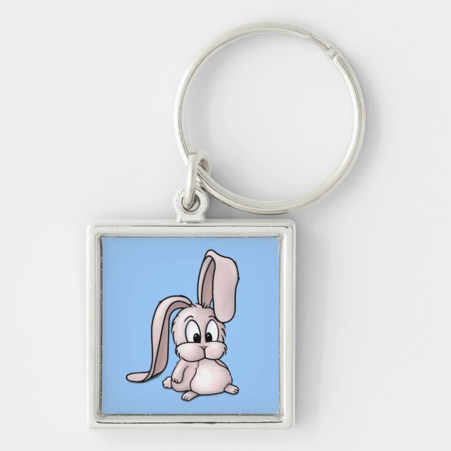 Cute Rosa Rabbit Tecknad Fyrkantig Silverfärgad Nyckelring (Framsidan)