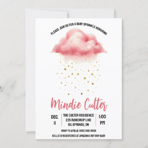 Cute Rosa Rain Cloud med Guld Stars Baby Sprinkle Inbjudningar