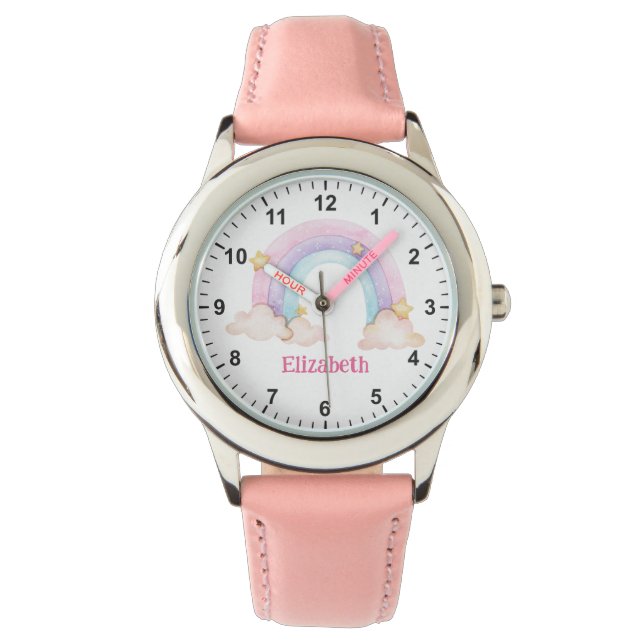 Cute Rosa Rainbow and Stars Girl's First Watch Armbandsur (Framsida)