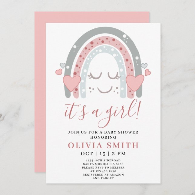 Cute Rosa Rainbow är en flicka Baby Shower Inbjudningar (Fram/baksida)