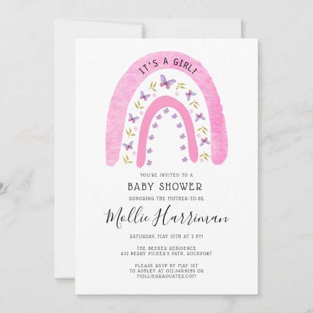 Cute Rosa Rainbow Butterfly Boho Baby Shower Inbjudningar (Framsida)
