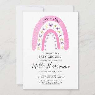 Cute Rosa Rainbow Butterfly Boho Baby Shower Inbjudningar