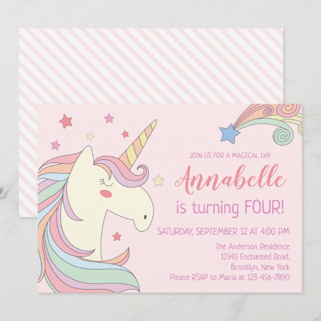 Cute Rosa Rainbow Stars Unicorn Födelsedagsfest Inbjudningar (Fram/baksida)