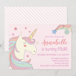 Cute Rosa Rainbow Stars Unicorn Födelsedagsfest Inbjudningar
