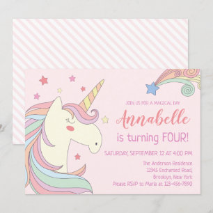 Cute Rosa Rainbow Stars Unicorn Födelsedagsfest Inbjudningar