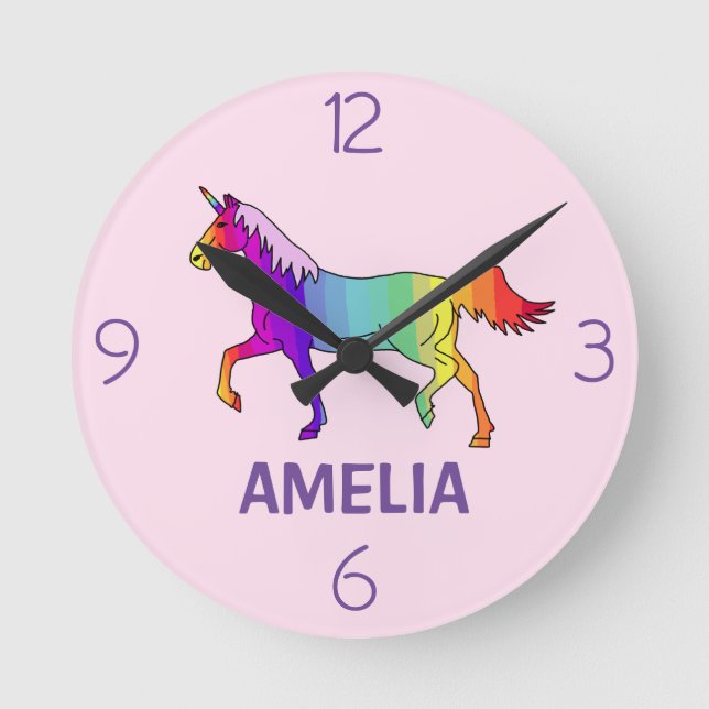 Cute Rosa Rainbow Unicorn Girl Namn Rund Klocka (Framsida)