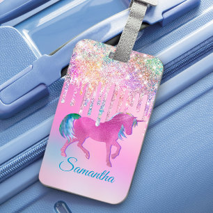 Cute Rosa Rainbow Unicorn Glitter Drives monogram Bagagebricka