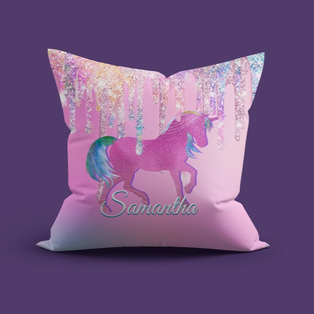 Cute Rosa Rainbow Unicorn Glitter Drives monogram Kudde (Skapare uppladdad)