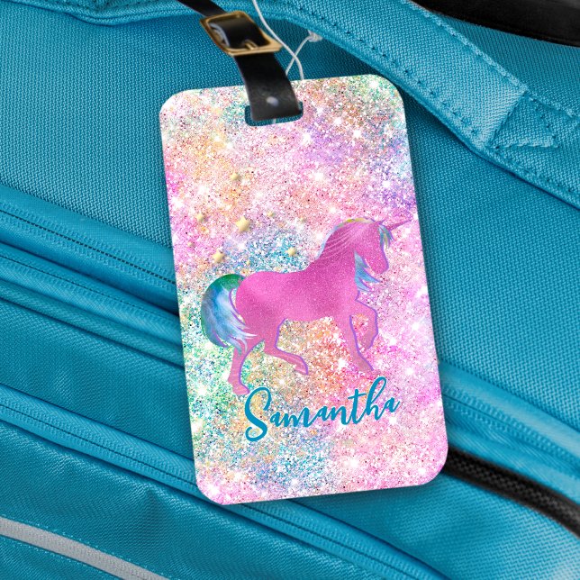 Cute Rosa Rainbow Unicorn Glitter monogram Bagagebricka (Skapare uppladdad)