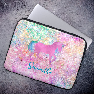 Cute Rosa Rainbow Unicorn Glitter monogram Laptop Fodral