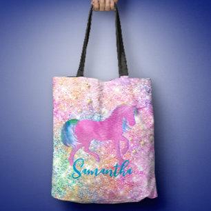 Cute Rosa Rainbow Unicorn Glitter monogram Tygkasse