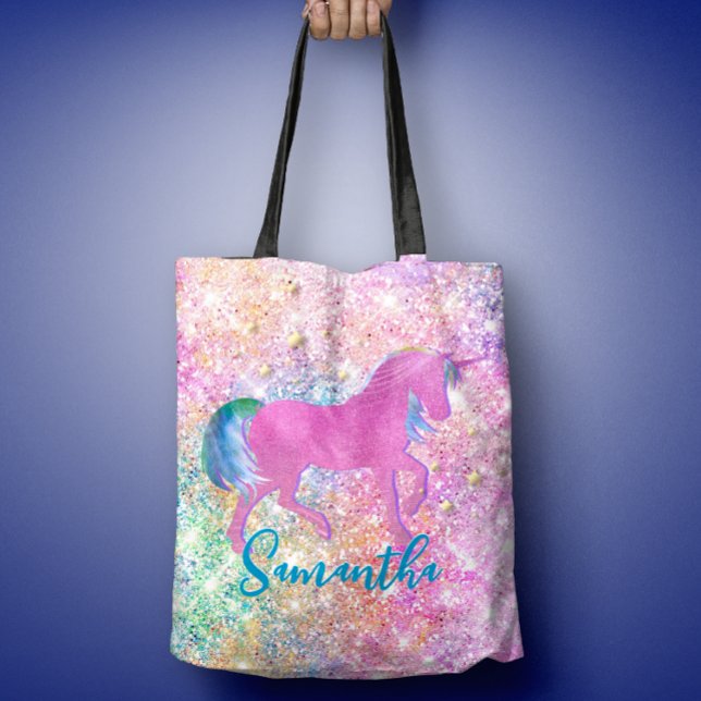 Cute Rosa Rainbow Unicorn Glitter monogram Tygkasse (Skapare uppladdad)