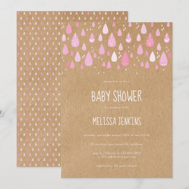 Cute Rosa Raindroppar Baby Shower / Sprinkle Inbjudningar (Fram/baksida)