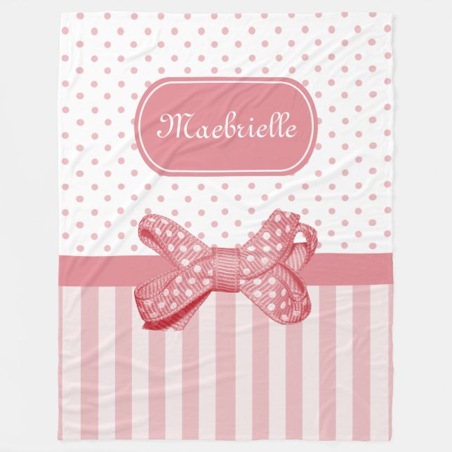 Cute Rosa Rand Girly Polka dockar med Namn Fleecefilt (Framsidan)