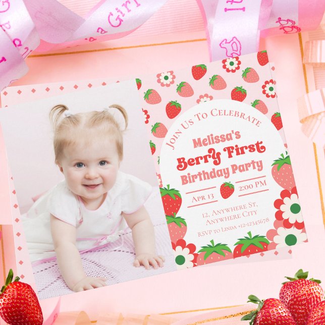 Cute Rosa Red Berry Foto 1 Birthday Inbjudningar (Skapare uppladdad)