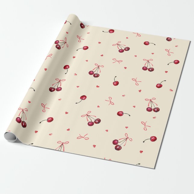 Cute Rosa Red Cherries Hearts Bows Cream Presentpapper (Utrullad)