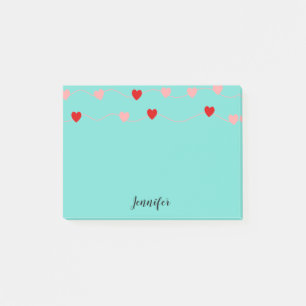 Cute Rosa Red Hearearearts on String Personlig Post-it Block