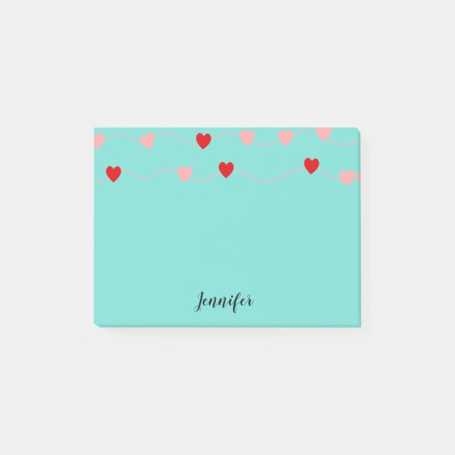 Cute Rosa Red Hearearearts on String Personlig Post-it Block (Framsida)