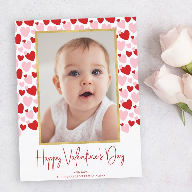 Cute Rosa Red Speckled Heart Valentine Day Photo Vykort (Skapare uppladdad)