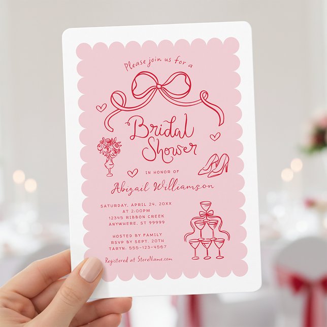 Cute Rosa Red Whimsical Möhippa Inbjudningar (Shown on a 5" x 7" invitation with Rounded Corner Style)