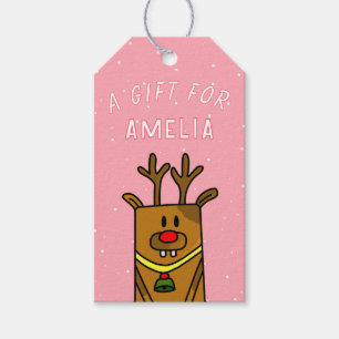 Cute Rosa Reindeer Kid's Namn-jul Presentetikett