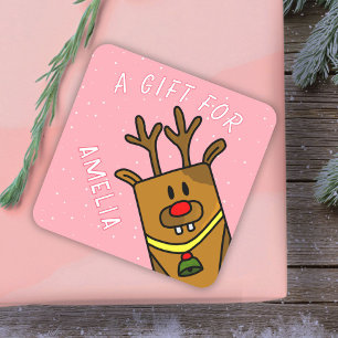 Cute Rosa Reindeer Kid's Namn julgåva Fyrkantigt Klistermärke