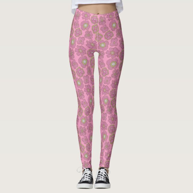 Cute Rosa Retro Flowers Mönster Leggings (Framsida)
