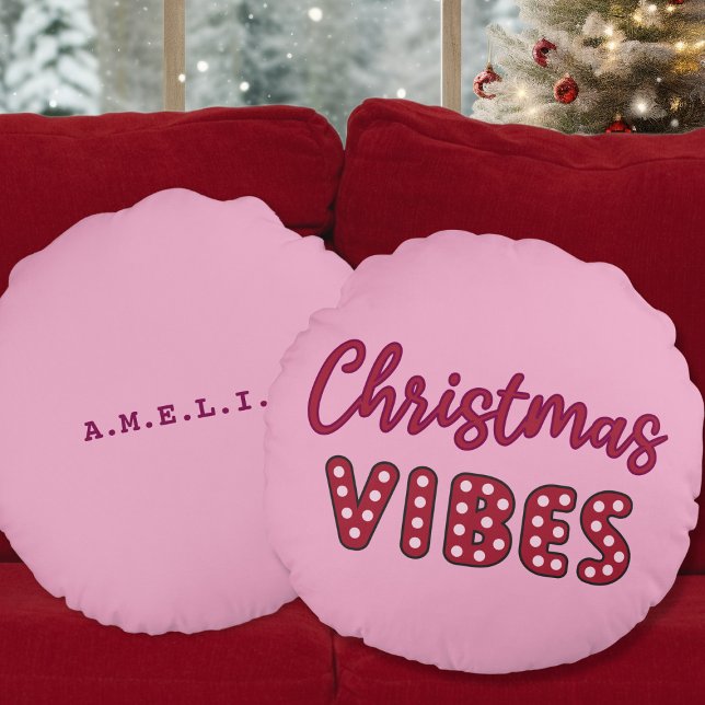 Cute Rosa Retro jul Vibes Rund Kudde (cute pink retro christmas vibes round pillow)