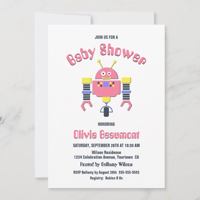 Cute Rosa Robot Baby Shower Inbjudningar (Framsida)
