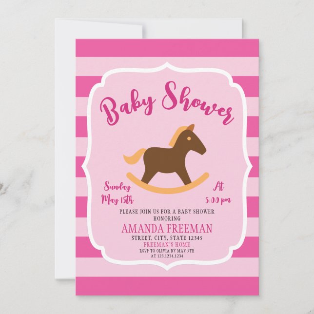 Cute Rosa Rocking Horse Girl Baby Shower Inbjudningar (Framsida)