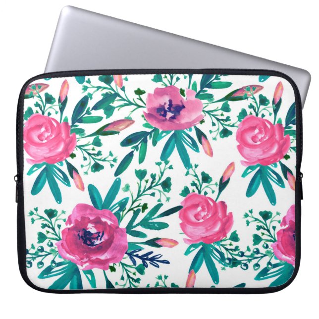 Cute Rosa ros med buffertar och Grönt Blad Laptop Sleeve (Framsidan)